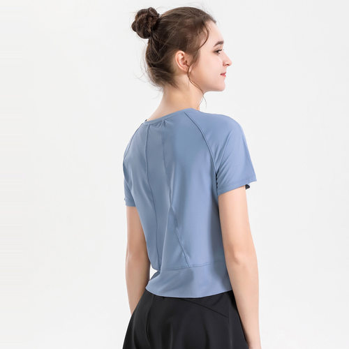 lu瑜伽上衣女宽松跑步速干运动服短袖T恤训练网纱健身服欧美 - 图1