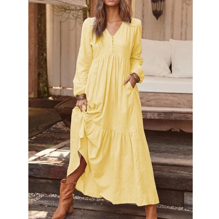 2021 women's button casual long-sleeved one-piece dress - 图1