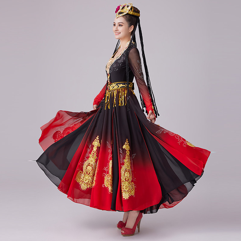 新疆舞蹈服装新款大摆裙红色演出服 阿幸民族服装/舞台装