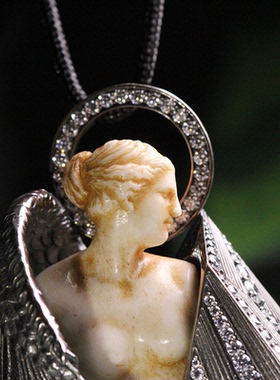 原创设计丨S925银做旧智天使羽毛翅膀新艺术风格鹿角雕刻大吊坠