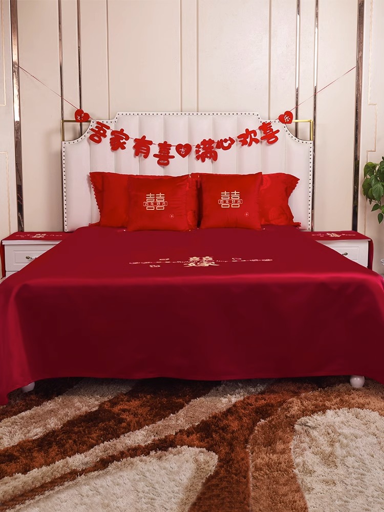 婚庆用品床单2024年新款中式刺绣结婚床单抱枕大红色床上单件陪嫁 - 图0