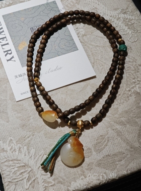 天钺｜福至金来＊原创设计和田玉籽料黄沁沉香手串