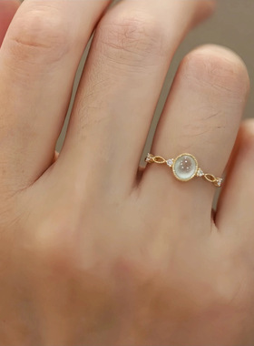 S925纯银镀14K金天然冰种白玉髓戒指女水滴造型设计感复古指环手