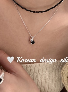 韩国S925纯银黑玛瑙小水滴项链 小众高级感ins风