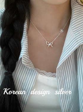 韩国ins博主同款饰品 S925纯银蝴蝶结可调节项链 小众设计毛衣链