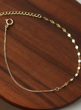 S925纯银镀14K金嘴唇链亮片侧身手链女波光粼粼拼接设计纤细手饰