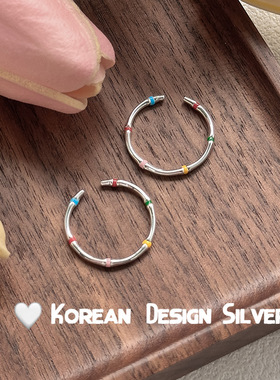 S925纯银韩版时尚彩色滴釉彩虹戒指小众设计简约高级感指环设计感