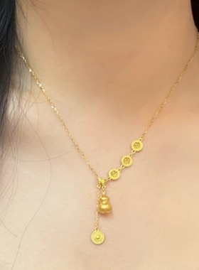 S925纯银新中式金色葫芦项链轻奢小众国风气质福牌流苏锁骨链