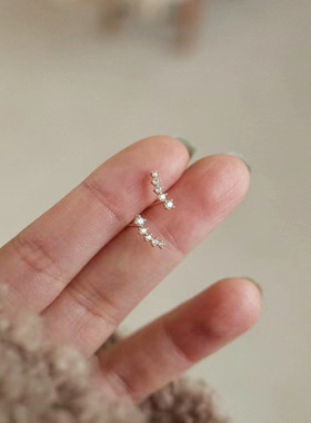 S925纯银镀金渐变小麦穗 小耳钉女迷你简约耳环镶嵌锆石简约气质