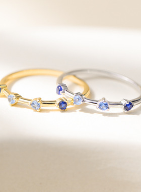 精致小巧小清新渐变蓝色锆石纯银戒指女欧美奢华简约叠戴细款指环