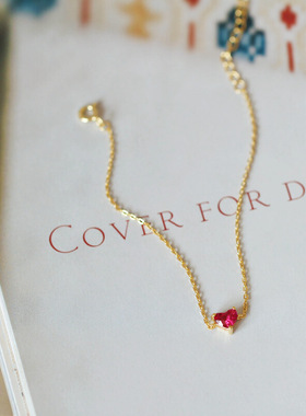 S925纯银镀14K金小红心手链 可爱气质简约日式风格红色宝石手链女