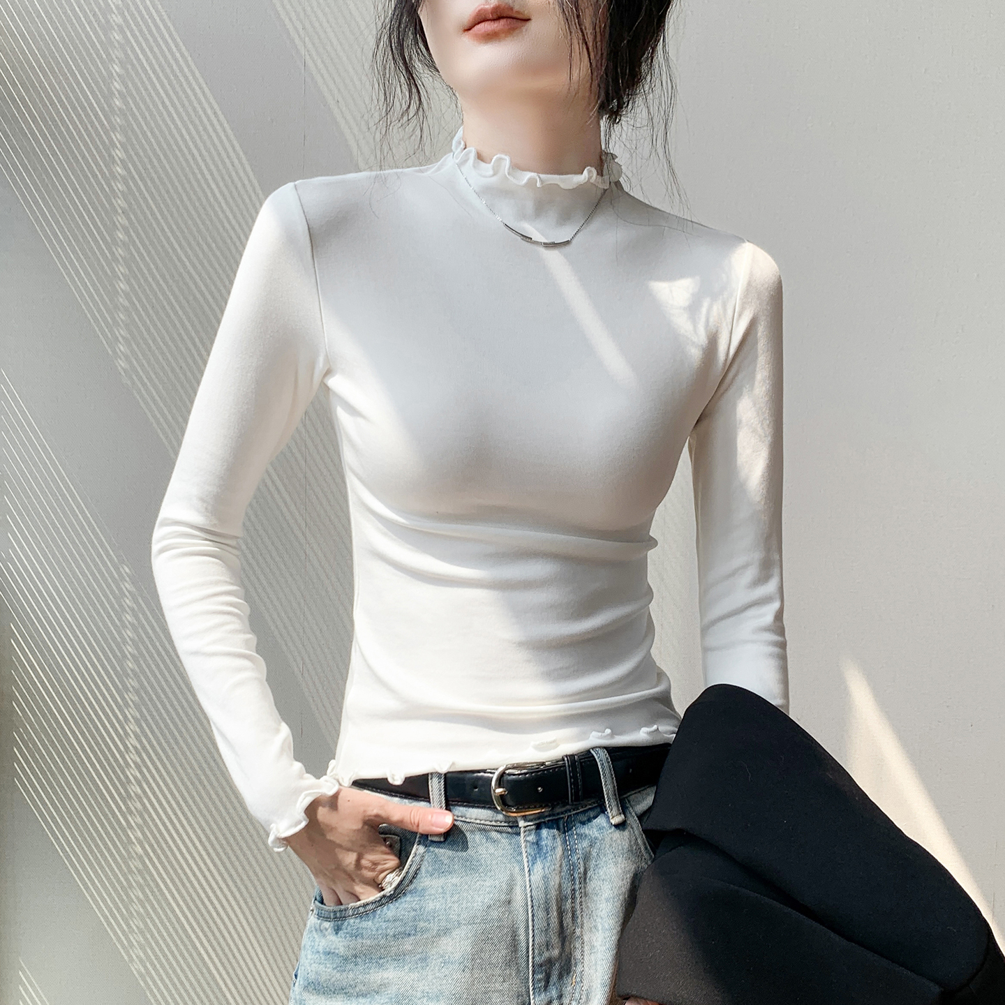 法式荷叶边半高领长袖T恤女秋季新款正肩内搭打底衫高级白色上衣 - 图0