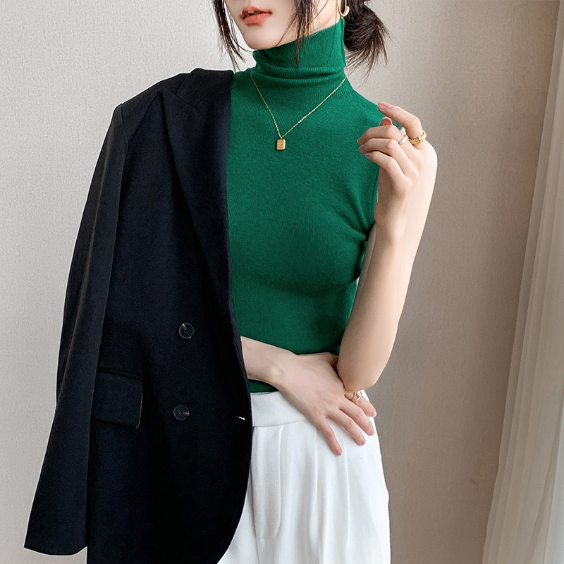 羊毛高领打底衫女2025春季修身显瘦毛衣堆堆领背心内搭无袖针织衫 - 图0