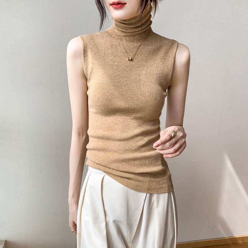 羊毛高领打底衫女2025春季修身显瘦毛衣堆堆领背心内搭无袖针织衫 - 图1