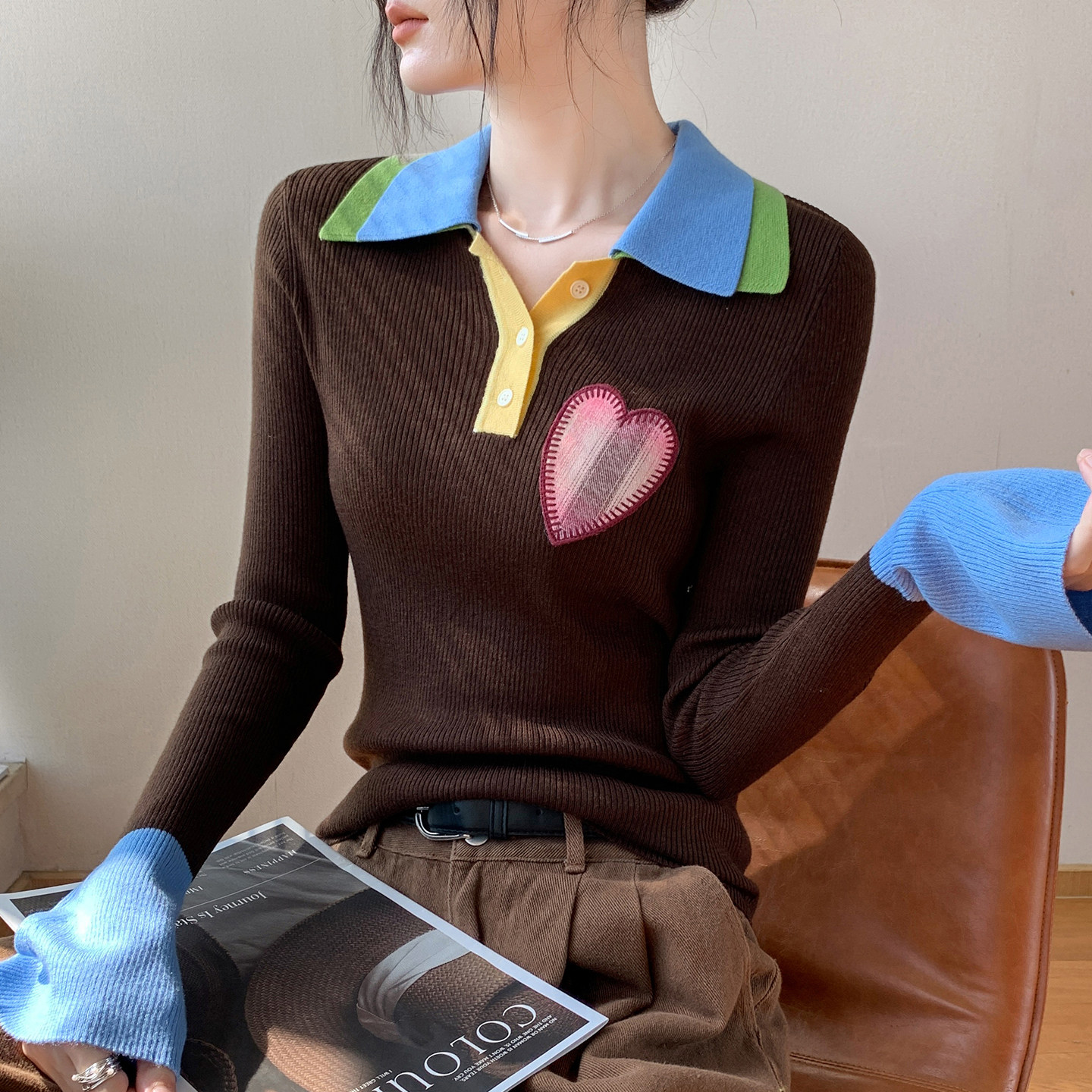 韩系撞色Polo领长袖针织衫女2025新款毛衣修身上衣气质内搭打底衫,淘宝优惠券,粉丝福利购,淘宝优惠卷