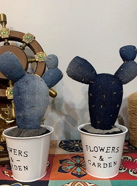 原创纯手工牛仔仙人球摆件室内盆栽仙人掌花盆花创意礼品桌面摆设