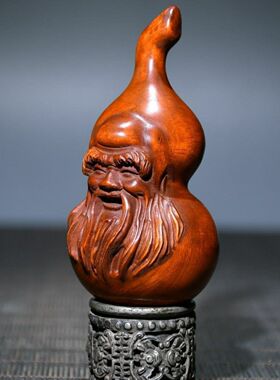 旧藏黄杨木雕刻福禄老寿星葫芦手把件文玩纯实木手把玩件文玩挂件