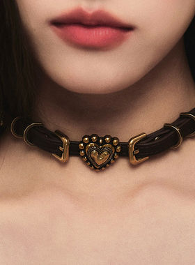 1P STUDIO 做旧古金色爱心圆环双层棕色皮带项链choker配饰