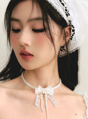 1P STUDIO原创设计 白色蕾丝蝴蝶结珍珠系带项链颈饰choker配饰
