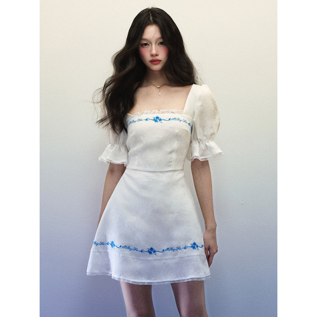 1P STUDIO white linen square collar dress for women autumn and winter blue embroidered trumpet short sleeve hip skirt