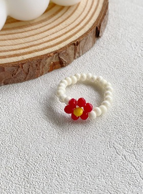 PUPU原创手工「一朵小花」车轮扁珠彩色串珠戒指女闺蜜可爱泫雅风