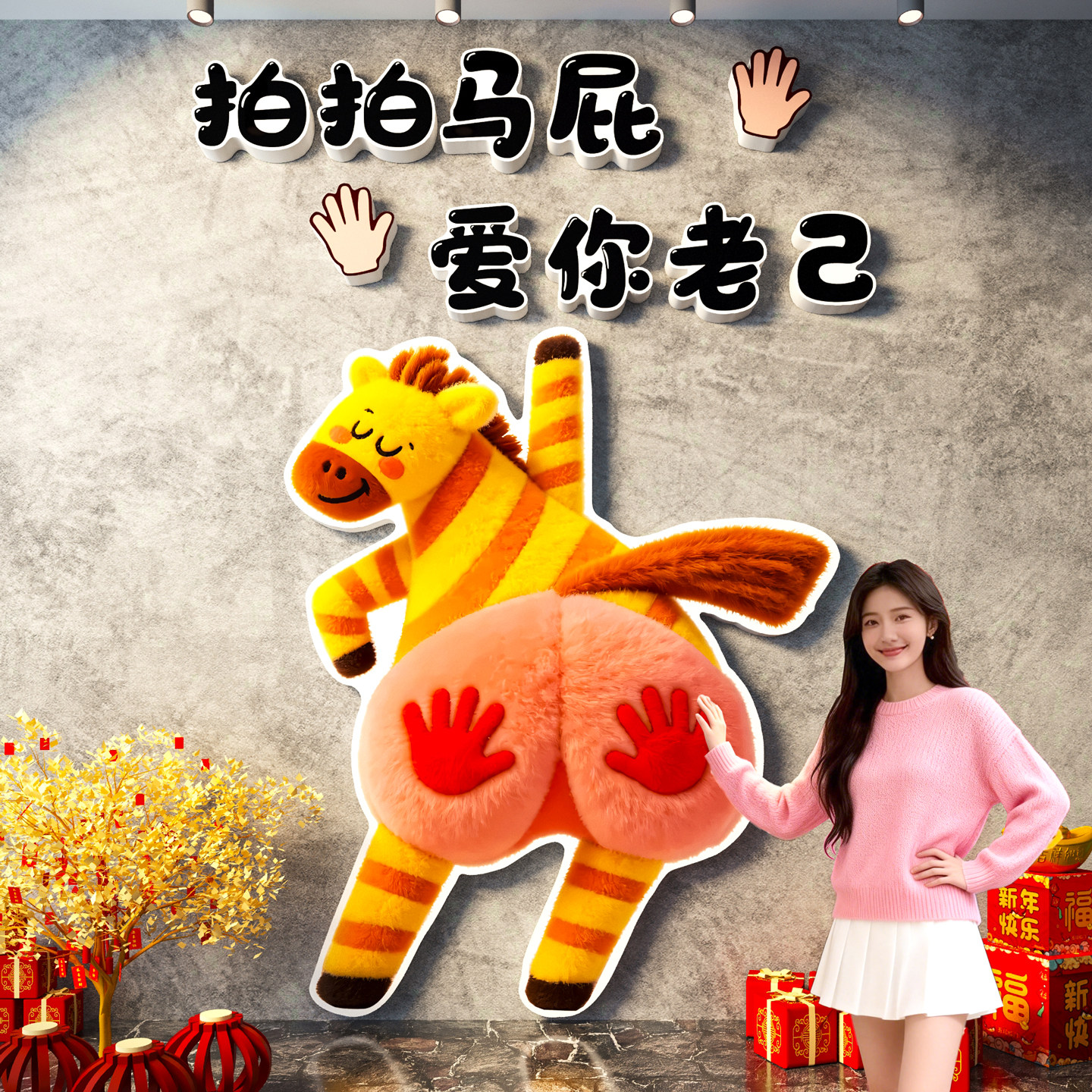 拍马屁墙贴画2026新年春节装饰网红打卡拍照区氛围布置户外小庭院,淘宝优惠券,粉丝福利购,淘宝优惠卷