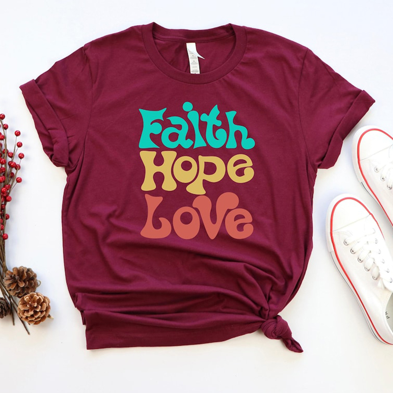 Faith Hope Love Motivational women t shirt复古彩印街头短袖女 - 图0