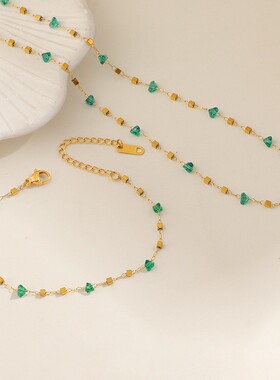 新中式ins小众绿石块钛钢项链小清新甜酷风百搭网红多巴胺锁骨链