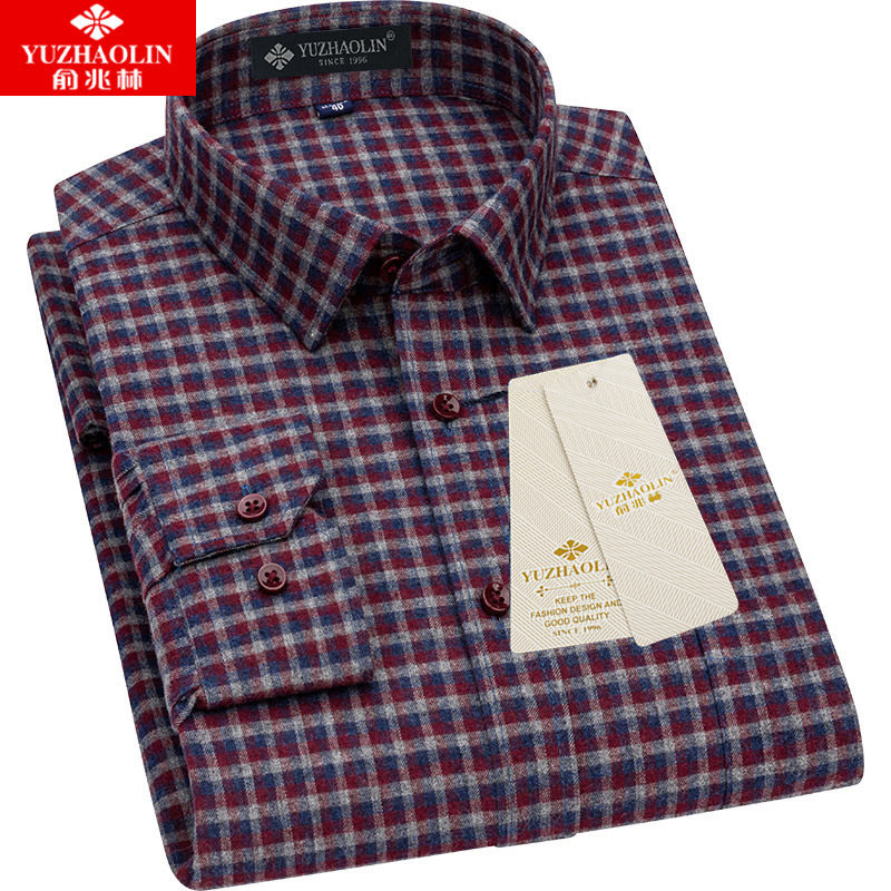 俞兆林全棉格子长袖酒红色春季衬衫 瑞飞服饰衬衫