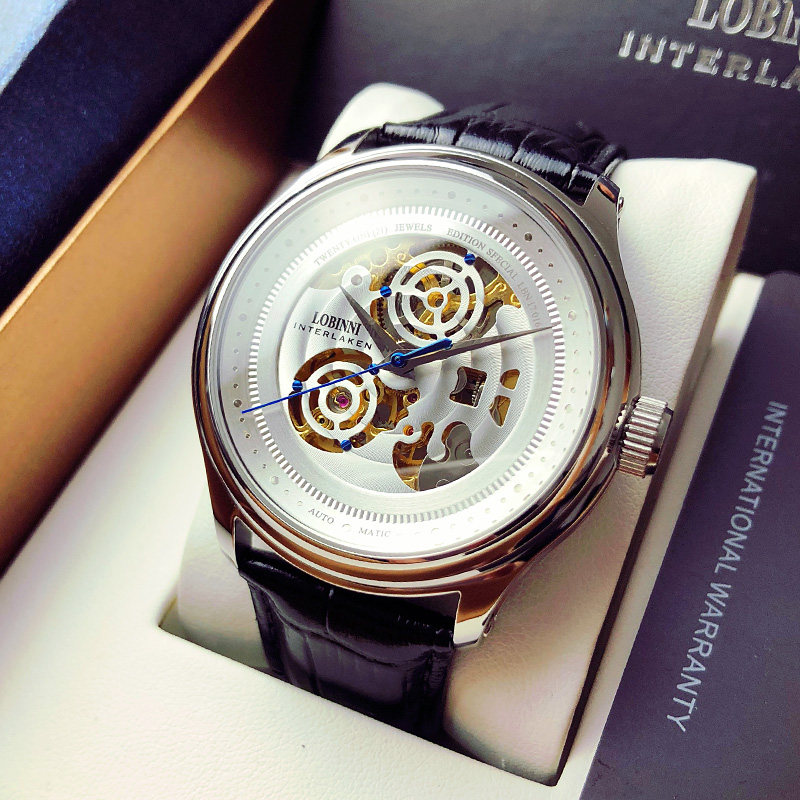 罗宾尼正品男全自动镂空皮带机械表 lobinni华琴国产腕表