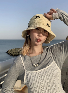 韩国黑色小蝴蝶结草帽女