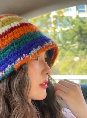 Rainbow 多巴胺韩系ins风彩虹条纹针织帽女秋冬复古显脸小渔夫帽