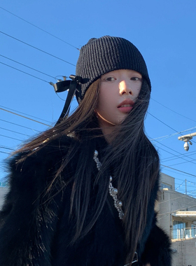 jennie同款黑色蝴蝶结针织冷帽秋冬ins25新款时髦百搭街头包头帽