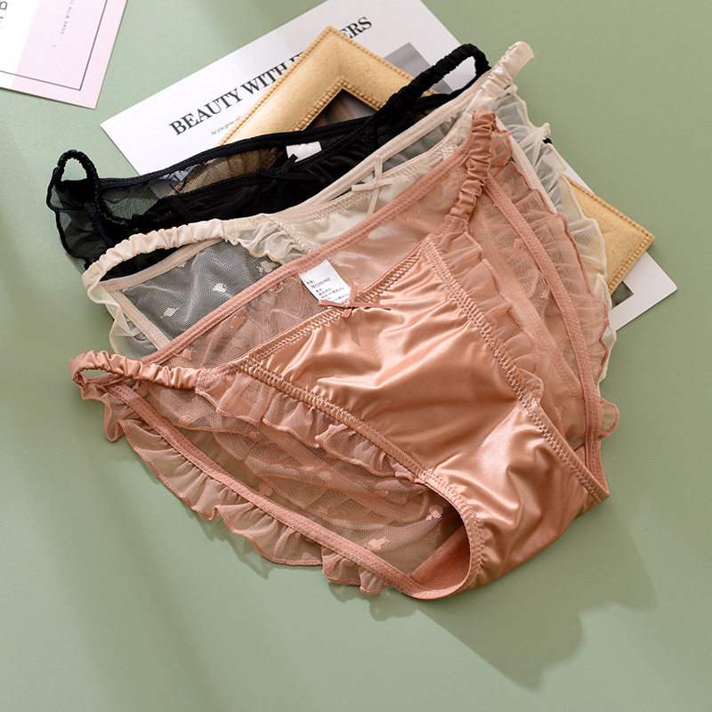 性感纯欲少女细带木耳边缎面三角裤 rosirollan服饰女三角裤