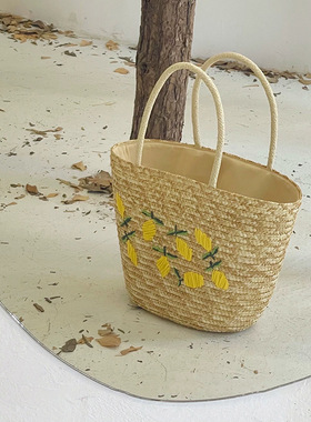 手工刺绣柠檬草编包包女大容量手提编织包夏天海边度假沙滩水桶包