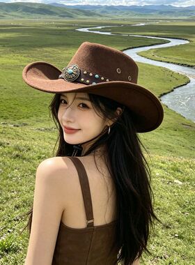 藏族民族风爵士帽子女户外旅游拍照防晒遮阳帽登山帽西部牛仔帽女