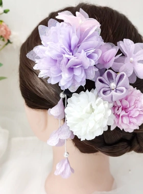 夏日祭和服浴衣日系可爱球菊发饰和风糖果色邹布绢花套装发夹