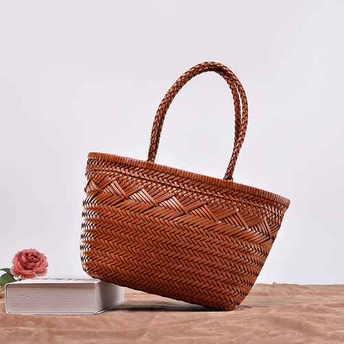 Кожаная плетеная пляжная летняя сумка, корзина, из натуральной кожи, французский стиль