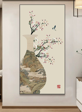 新中式玄关装饰画宋代美学挂画客厅走廊过道尽头壁画竖版花鸟挂画