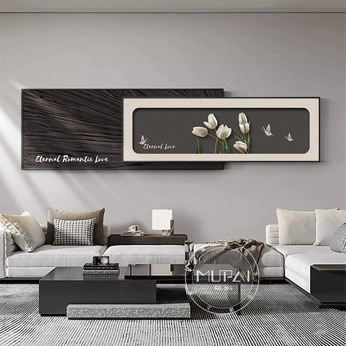黑白抽象客厅装饰画现代简约高级感沙发背景墙挂画花叠加大气壁画 - 图3