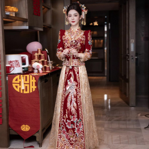 秀禾服2026新款中式婚纱礼服香槟色敬酒服网纱婚服春夏结婚新娘服 - 图0