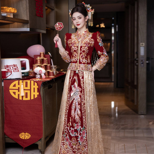 秀禾服2026新款中式婚纱礼服香槟色敬酒服网纱婚服春夏结婚新娘服 - 图2
