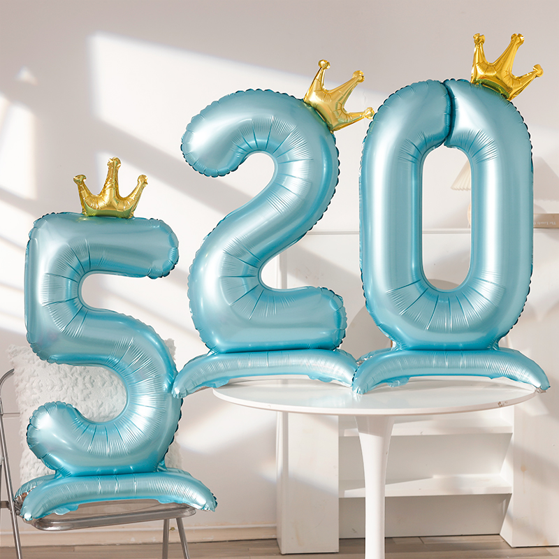 42寸蓝色站立皇冠数字大号气球男孩宝宝生日周岁拍照背景场景装饰 - 图1