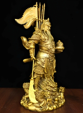 纯黄铜九龙关公横刀立刀站像摆件令旗武财神九龙关二爷供奉神像铜