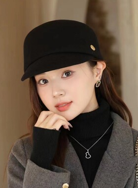 秋冬羊毛呢女韩国小香风鸭舌帽贝雷帽骑士礼帽报童英伦马术帽黑色