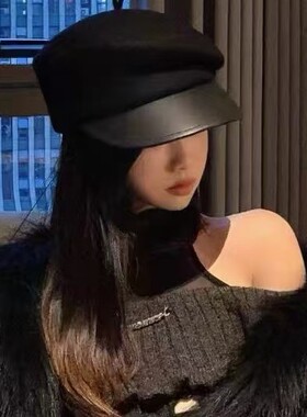 时尚贝雷帽子女秋冬英伦洋气羊毛呢皮沿鸭舌帽韩国气质百搭报童帽