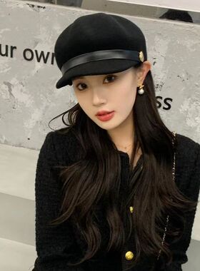 羊毛八角帽女秋冬季显脸小英伦风时尚网红黑色鸭舌帽出游逛街百搭
