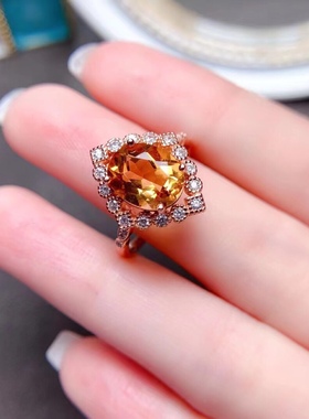 黄水晶戒指纯银时尚活口镶嵌指环