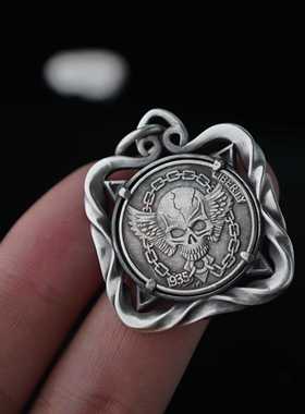 骷髅纯银古董手工雕刻流浪者硬币