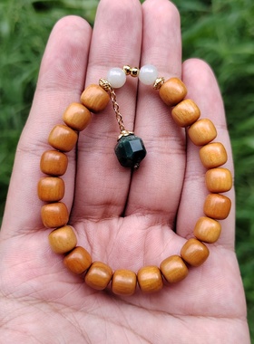 檀香木老型珠桶珠单圈手串多棱吊